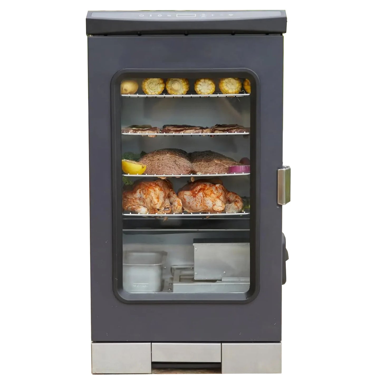 30” electric smoker, outdoor smoker with glass door and meat thermometer, 725 square inches of cooking with remote control, 4 removable