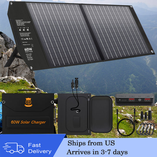 60W Travel-Ready Solar Charger - Portable Foldable Solar Panel with 18V MC4, Dual USB-A (QC3.0), and USB-C (PD18W) Ports