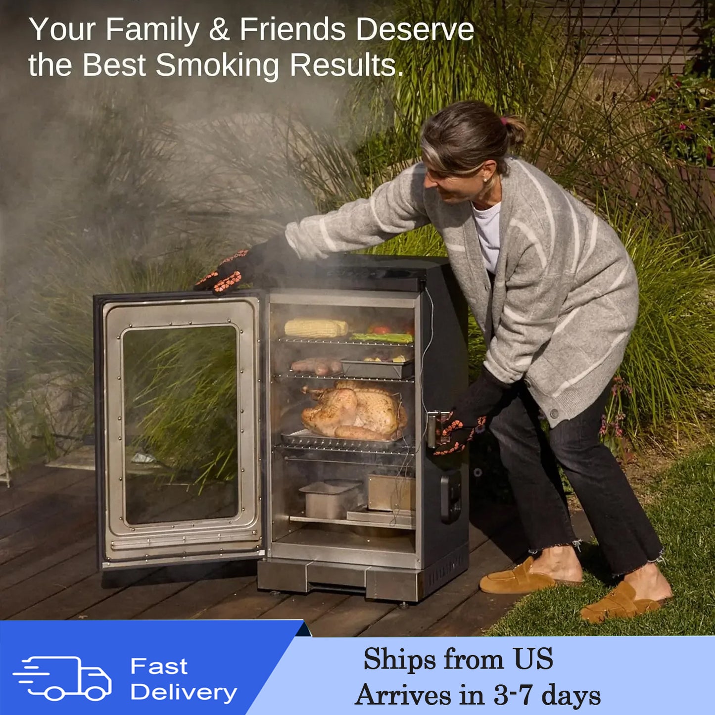 30” electric smoker, outdoor smoker with glass door and meat thermometer, 725 square inches of cooking with remote control, 4 removable