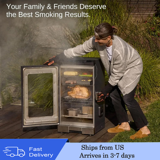 30” electric smoker, outdoor smoker with glass door and meat thermometer, 725 square inches of cooking with remote control, 4 removable