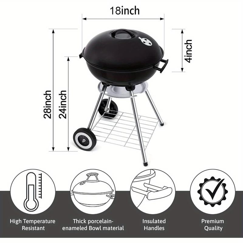 18 Inch Large Portable Charcoal Grill - Heavy-Duty Round BBQ with Thickened Grilling Bowl, Wheels, and Coal Kettle