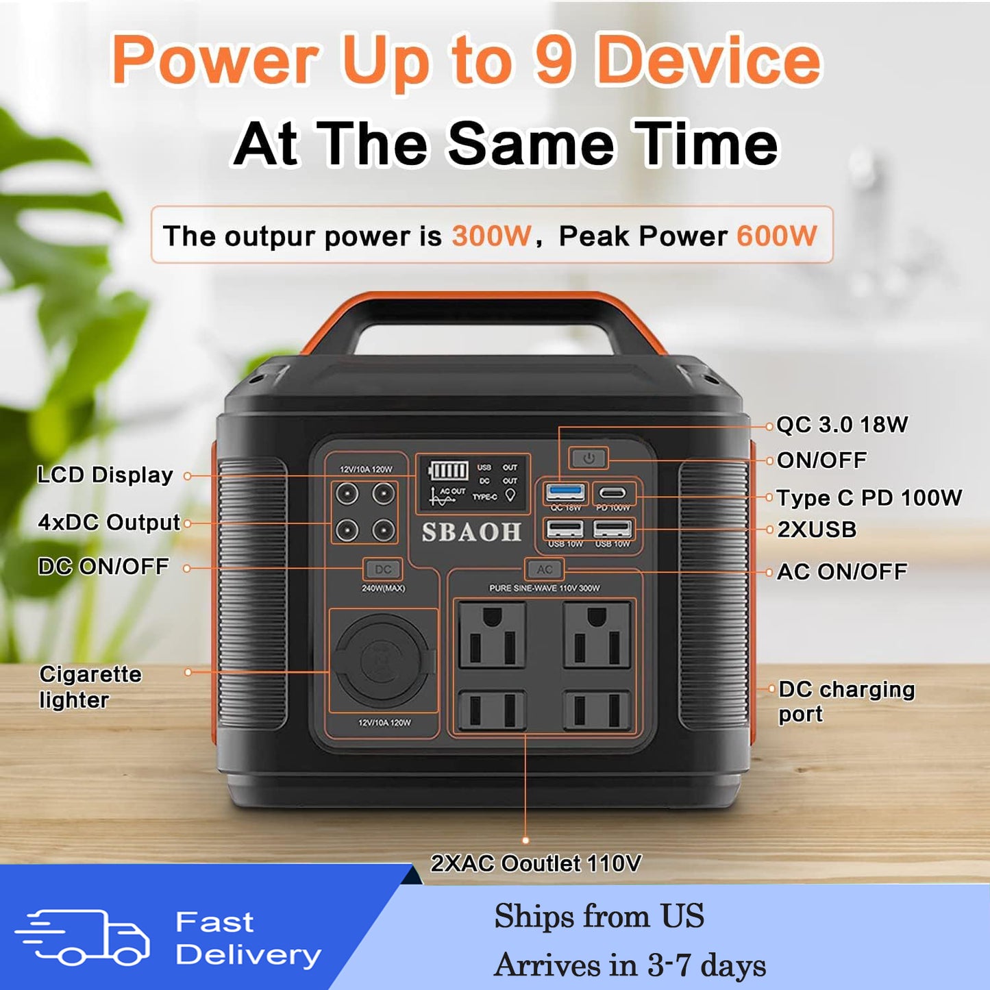 Portable Power Station, 300W 296Wh Solar Generator Quick Charge / 110V AC Outlets/DC Ports and LED Flashlight, Lithium Battery Backup for Home Outdoor Travel Camping Blackout