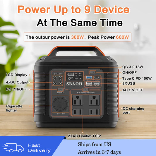 Portable Power Station, 300W 296Wh Solar Generator Quick Charge / 110V AC Outlets/DC Ports and LED Flashlight, Lithium Battery Backup for Home Outdoor Travel Camping Blackout