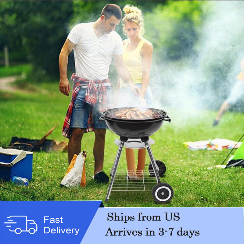 18 Inch Large Portable Charcoal Grill - Heavy-Duty Round BBQ with Thickened Grilling Bowl, Wheels, and Coal Kettle