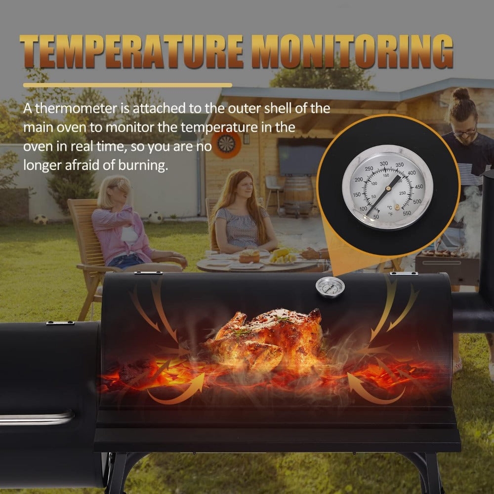 Charcoal Grills Outdoor BBQ Grill Offset Smoker with Wheels Side Fire Box Portable Barbecure Grill for Outdoor Cooking Backyard