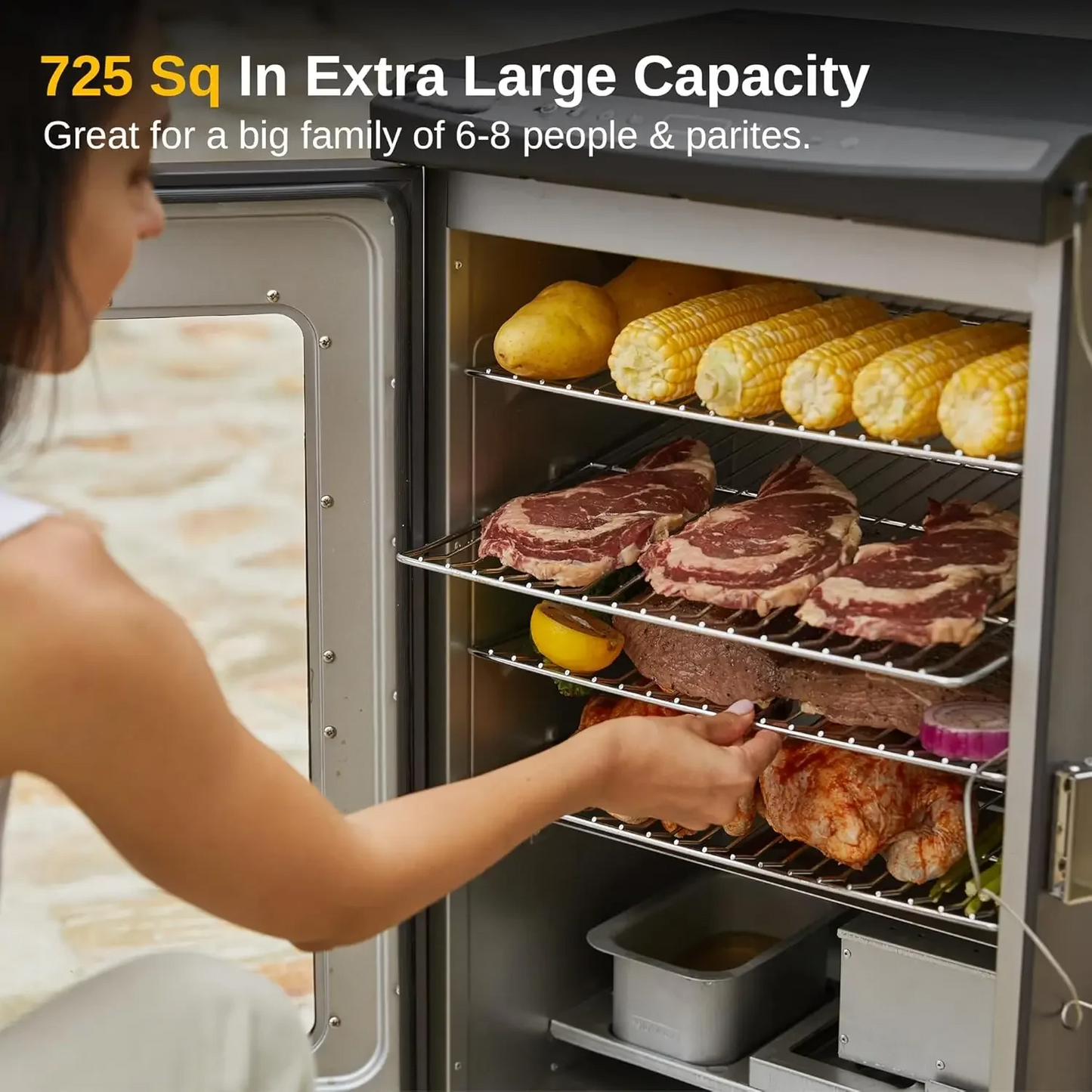30” electric smoker, outdoor smoker with glass door and meat thermometer, 725 square inches of cooking with remote control, 4 removable