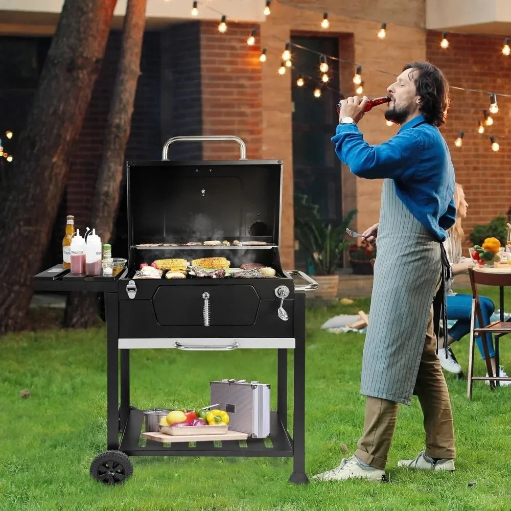 24-Inch Charcoal Grill with Folding Side Table, 490 Sq. Inch Heavy Duty Grill, Garden and Backyard Grills, Black