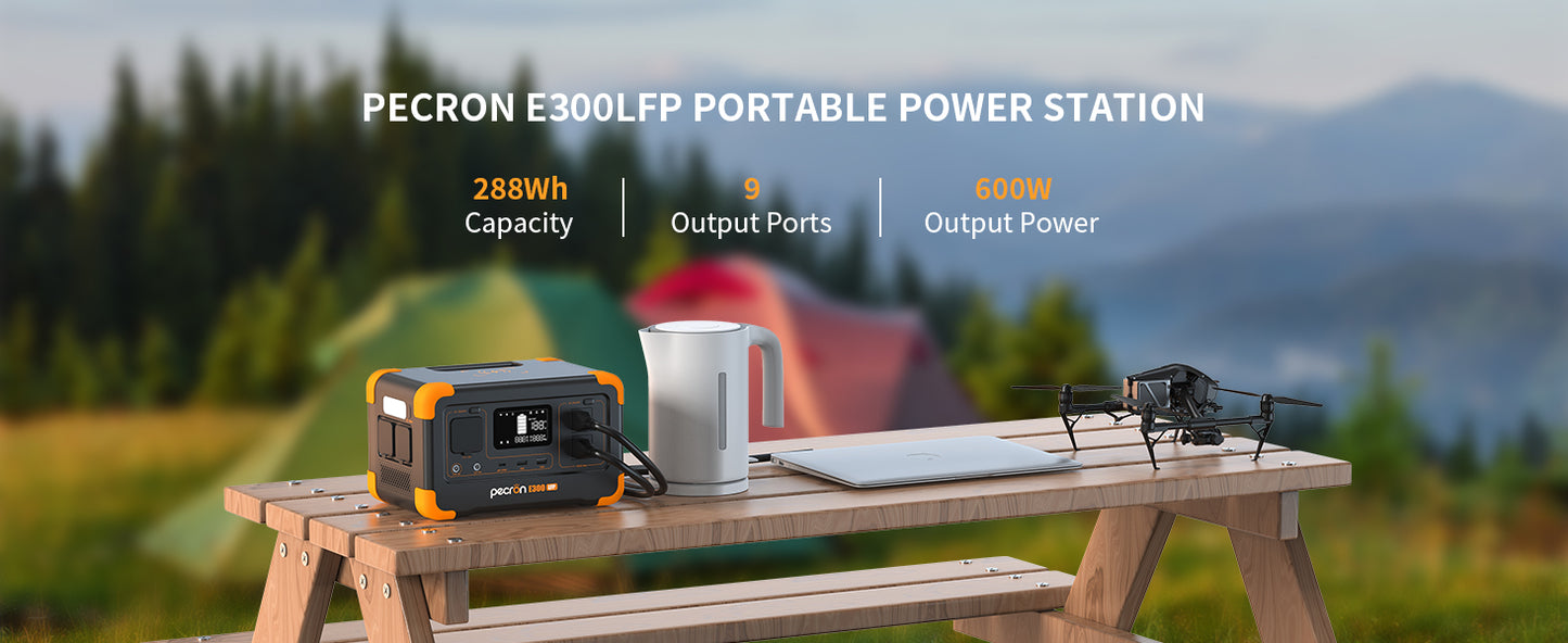 Pecron E300LFP portable power plant with 100 W portable solar panel (included) Pure sine wave 288 Wh 600 W camping solar generator