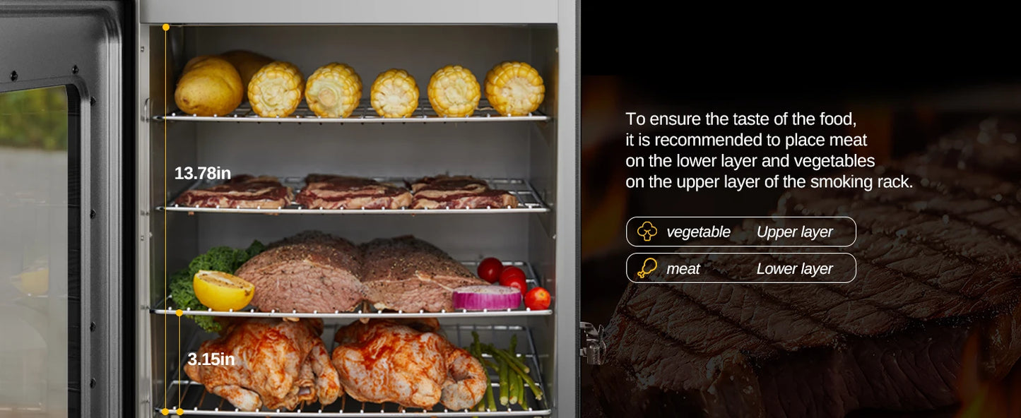 30” electric smoker, outdoor smoker with glass door and meat thermometer, 725 square inches of cooking with remote control, 4 removable