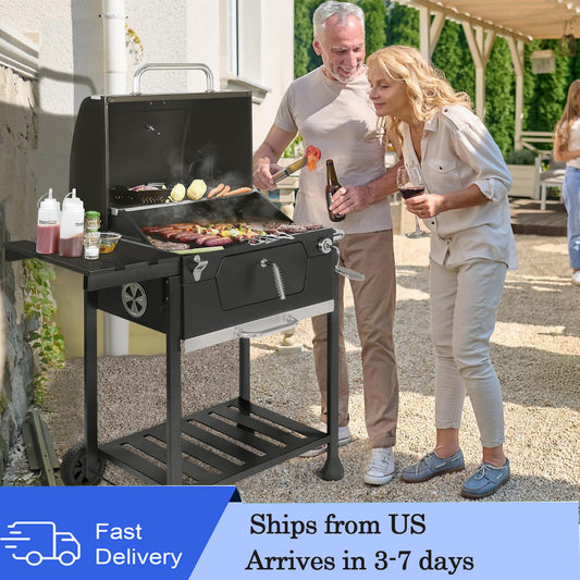 24-Inch Charcoal Grill with Folding Side Table, 490 Sq. Inch Heavy Duty Grill, Garden and Backyard Grills, Black
